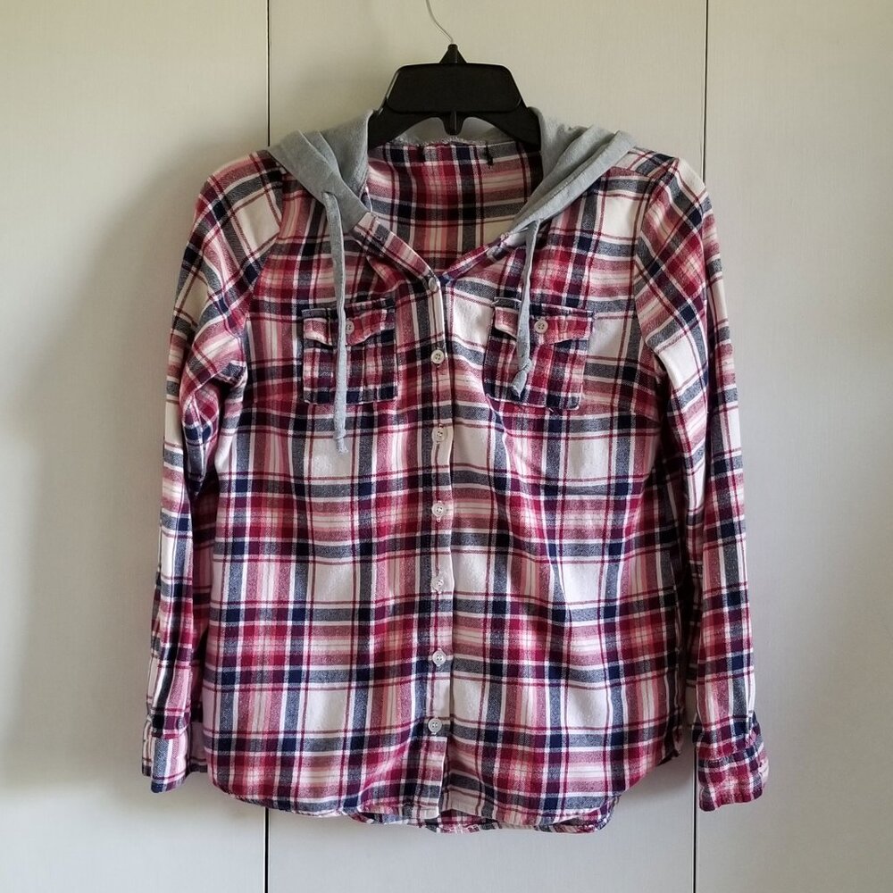 Hooded flannel button down shirt